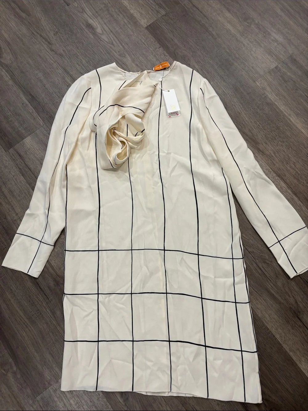 Tory Burch Cream and Black Windowpane Long Sleeve Shift Dress
